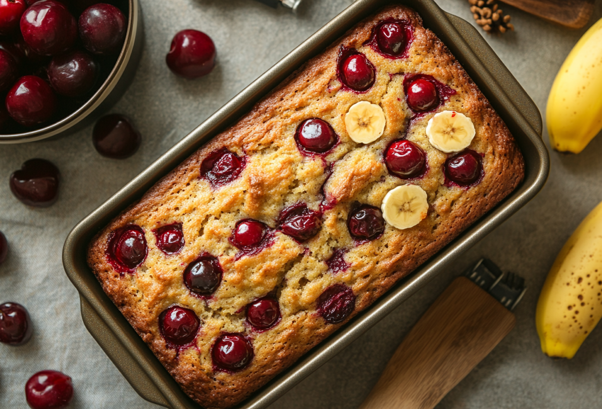 Kirsch-Bananenbrot in einer Kastenform, drumherum Kirschen und Bananen. Draufsicht.