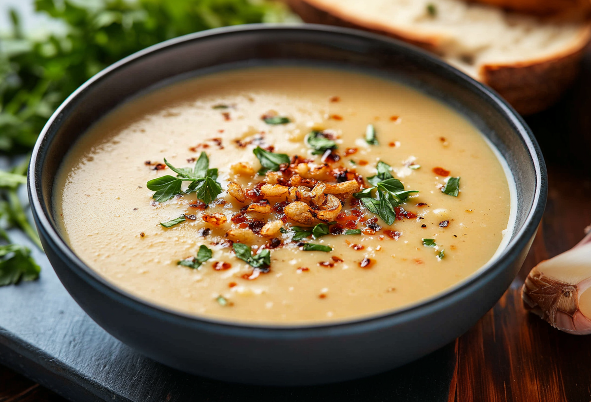 Eine Schale Knoblauch-Kartoffelsuppe, garniert mit Petersilie und geröstetem Knoblauch.