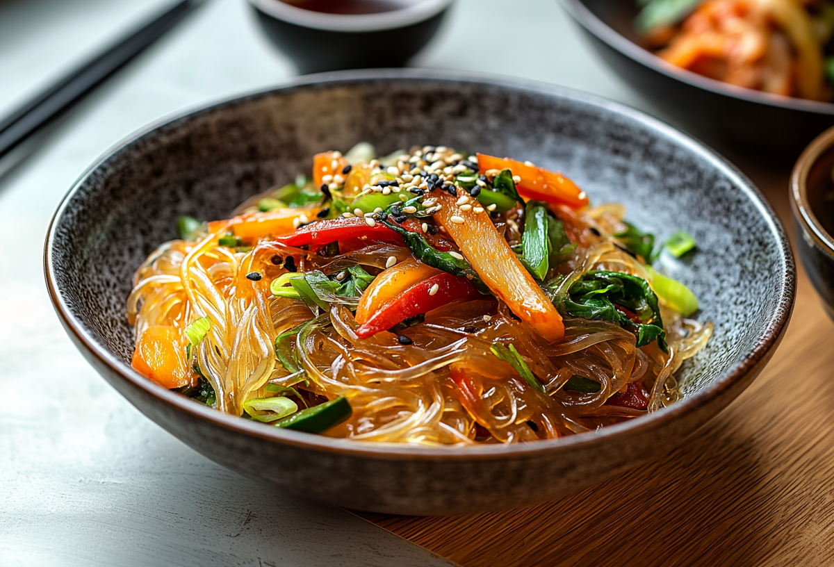 Koreanischer Glasnudelsalat in einer schwarzen Schale. Er ist mit Karotten und Paprikastreifen sowie Sesamkörnern angerichtet. Rechts daneben und im Hintergrund stehen weitere Schalen mit dem Salat. Links im Hintergrund liegen zwei Essstäbchen.