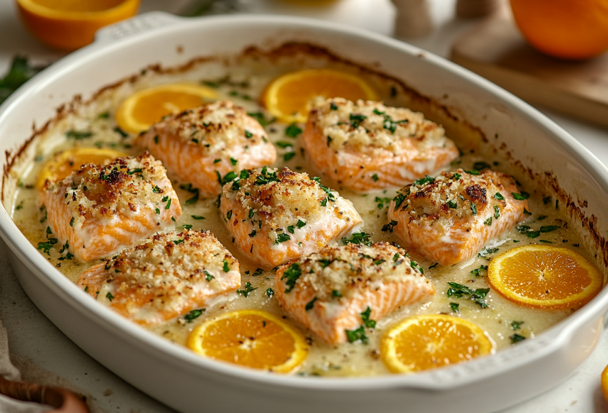 Lachs mit Orangen-Kräuterkruste in Stücken in einer Auflaufform mit Orangenscheiben und heller Soße.