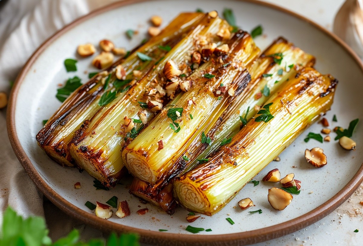 Ein Teller Lauch aus der Heißluftfritteuse mit Haselnüssen und Kräutern bestreut. Nahaufnahme.