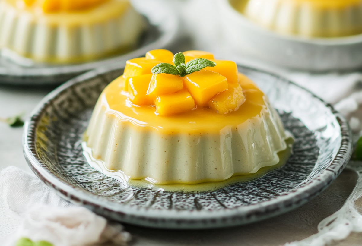 Matcha-Panna-Cotta auf einem stilvollen Teller. Die Panna-Cotta ist mit einer Mangosoße garniert, auf welcher Mangostücke liegen. In der Mitte steckt ein kleines Minzblatt. IM Hintergrund stehen weitere Panna-Cotte
