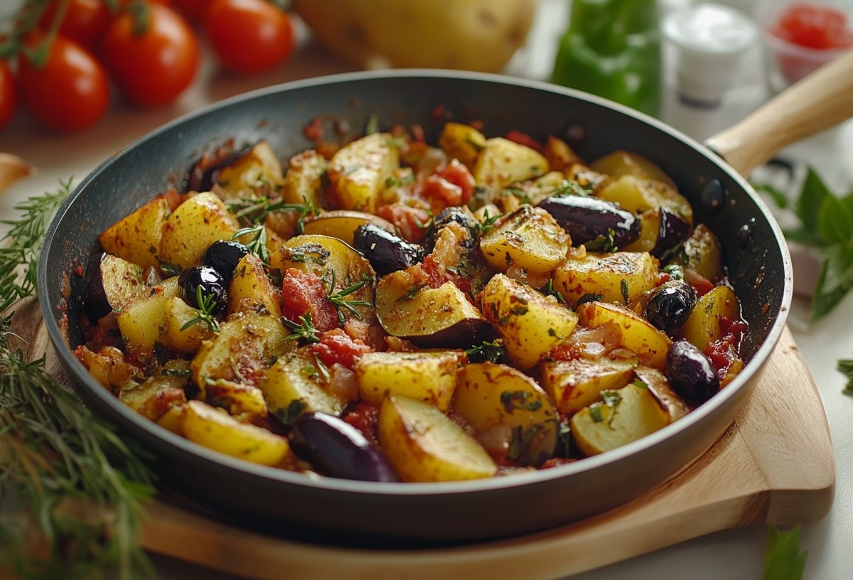 Eine mediterrane Kartoffelpfanne mit Aubergine, Zucchini, Oliven und Tomaten auf einem Brett, drumherum Zutaten.