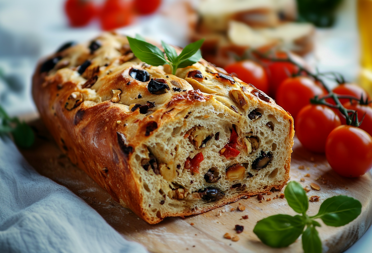 Ein mediterranes Olivenbrot liegt angeschnitten auf einem Holzbrett. Vor und auf dem Brot liegt frischer Basilikum. Neben dem Brot liegen einige Tomaten. Im Hintergrund sieht man weitere Tomaten, Brot und einen Behälter mit Öl.