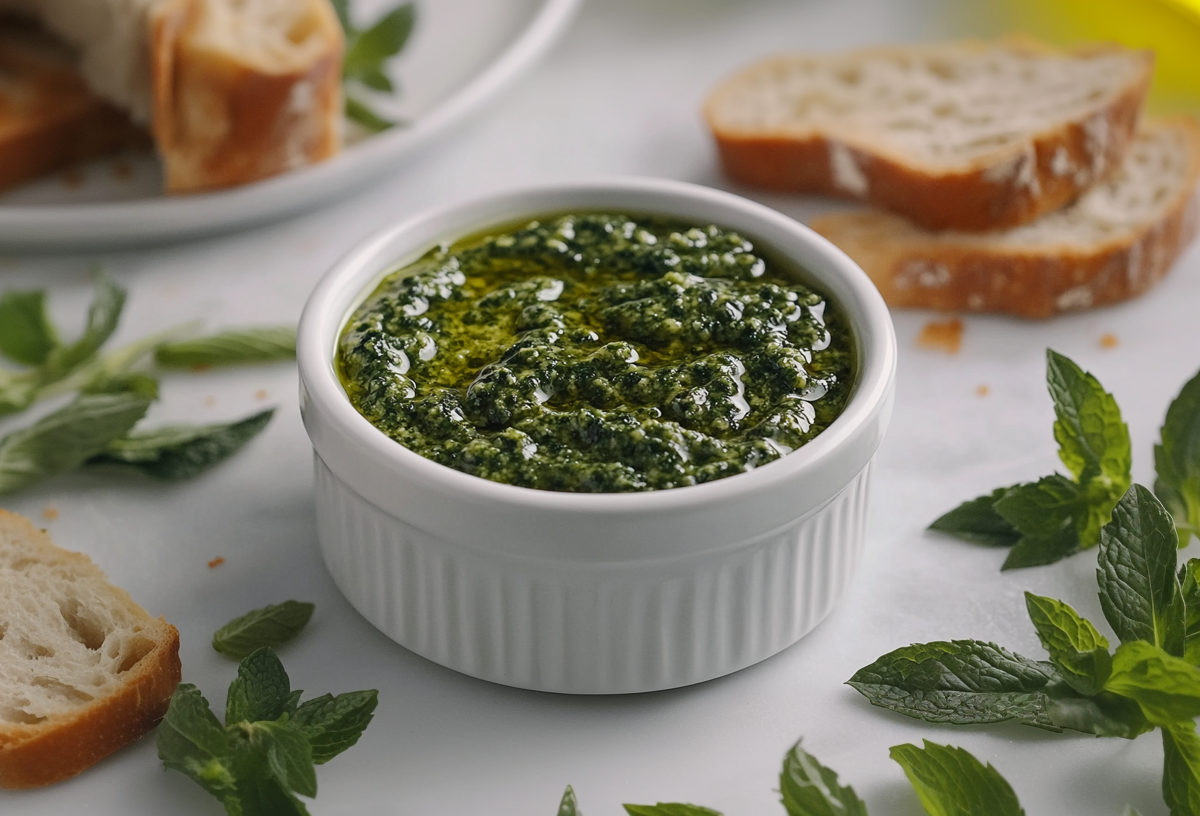 Eine kleine Schale mit MInz-Pesto steht auf einem weißen Tisch. Um die Schale herum liegen Minzblätter und Brotstücke verteilt