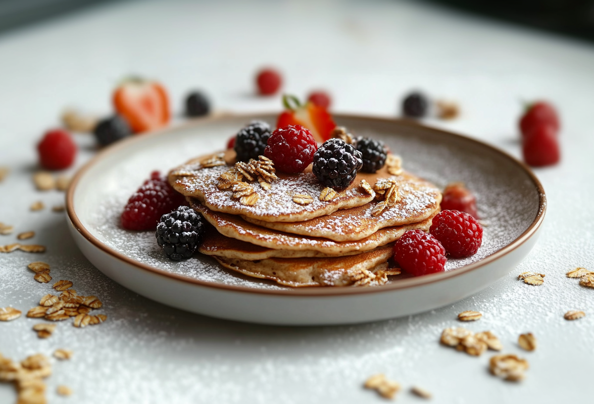 Müsli-Pancakes liegen aufeinandergesapelt auf einem weißen Teller. Sie sind mit Beeren und Puderzucker bestreut. Um den Teller herum liegt Müsli sowie weitere Beeren verteilt.