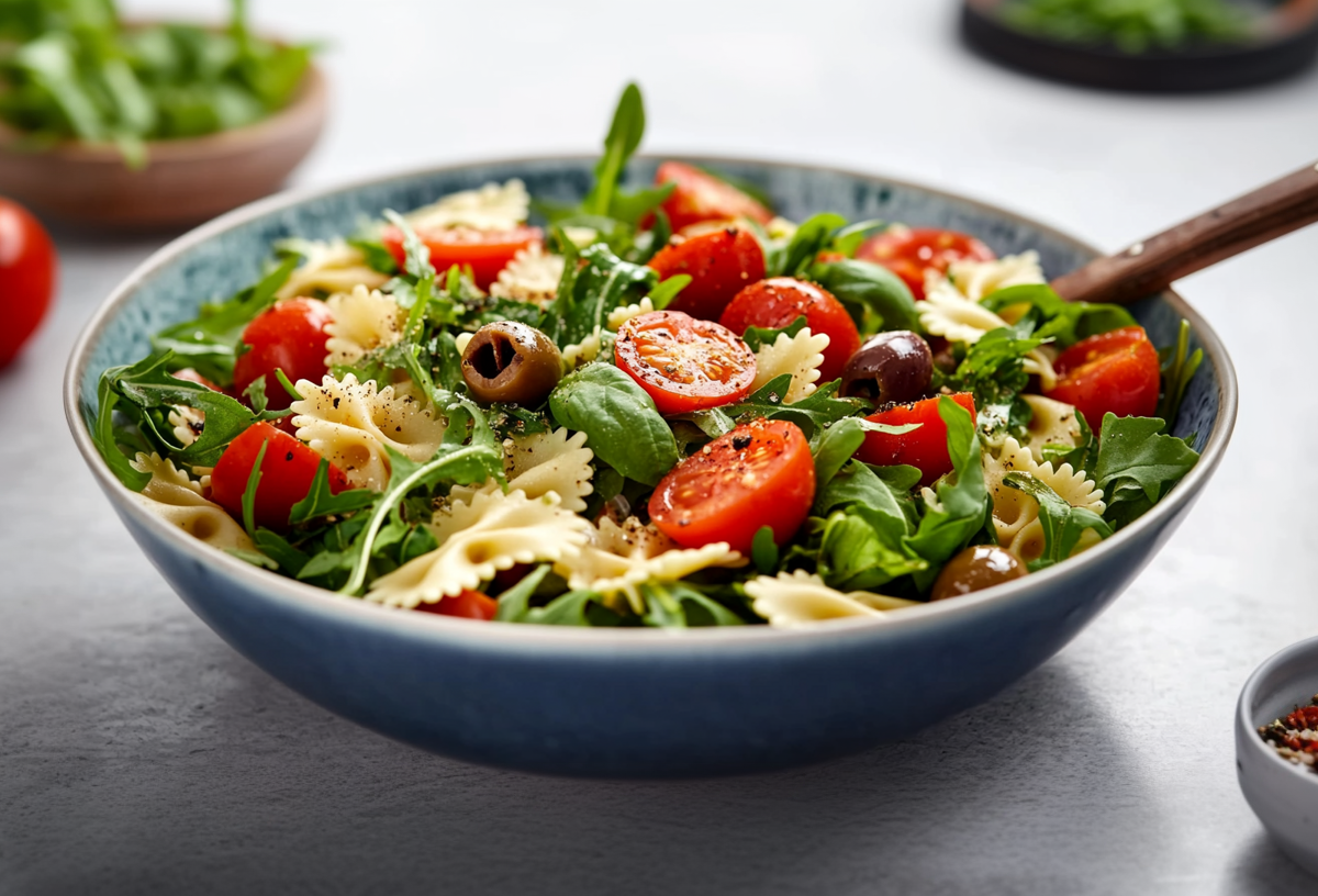 Eine blaue Schüssel mit Nudel-Bohnensalat steht auf einem grauen Tisch. In dem Salat sind Farfalle, Oliven, Tomaten, Rucola und Basilikumblätter klar zu erkennen. Rechts neben der Schale steht ein Schälchen mit Gewürzen sowie eine Flasche mit Öl. Im Hintergrund sieht man eine Tomate sowie eine Schale mit frischem Rucola.