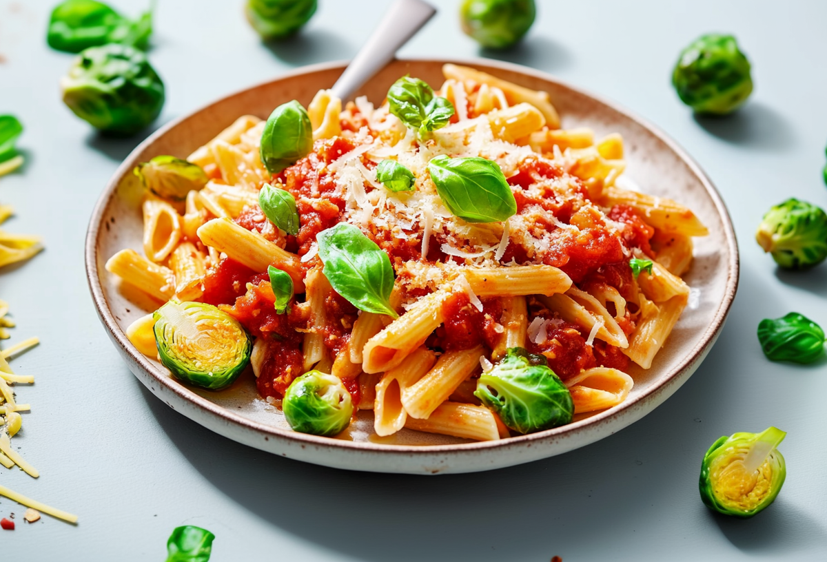 Ein Teller Nudeln mit Rosenkohl und Salsa-Soße garniert mit Reibekäse, drumherum Nudeln und Rosenkohlköpfe.
