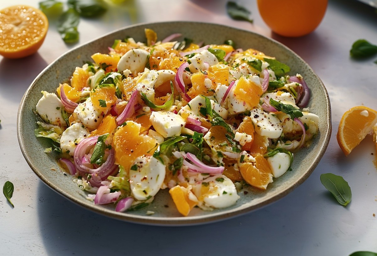 Eine Schüssel Orzo-Orangen-Salat mit Mozzarella und roten Zwiebeln. Drumherum ein paar Zutaten.