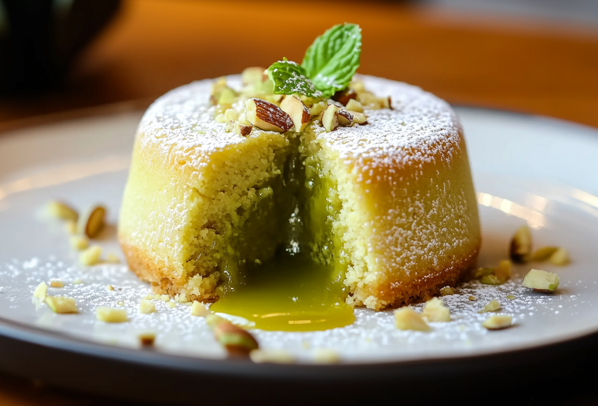 Ein Pistazien-Lavacake auf einem grauen Teller. Er ist angeschnitten und gibt die Sicht auf den flüssigen Kern frei. Der Kuchen ist mit gehackten Pistazien, einem Minzblatt und Puderzucker dekoriert.