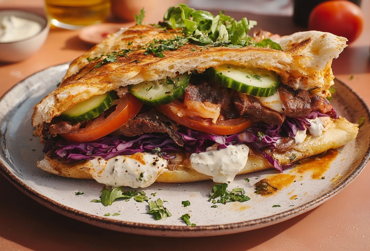 Ein Pizza-Döner auf einem Teller, gefüllt mit Salat, Rotkohl, Tomate, Gurke, Soße und Fleisch. Nahaufnahme.