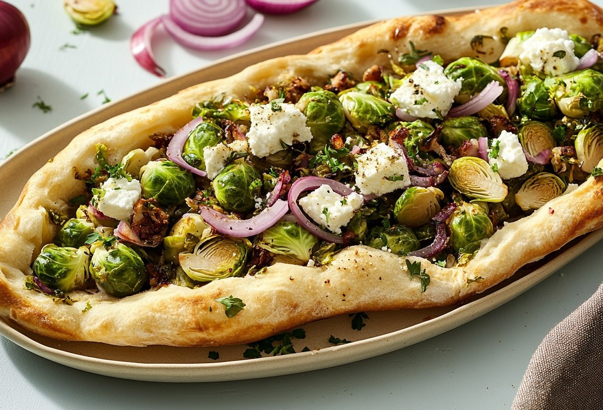 Eine Rosenkohl-Pide mit Ziegenkäse und roten Zwiebeln auf einem Teller, drumherum einige rote Zwiebeln und Rosenkohl.