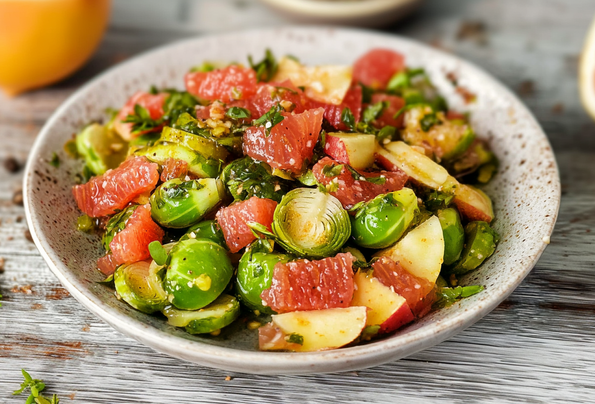Fruchtiger Rosenkohlsalat in einer hellgrauen Schüssel. Er besteht aus Rosenkohl, Grapefruitstückchen und Apfelstücken. Die Schüssel steht auf einem Holztisch. Im Hintergrund liegen noch einige Grapefruits.