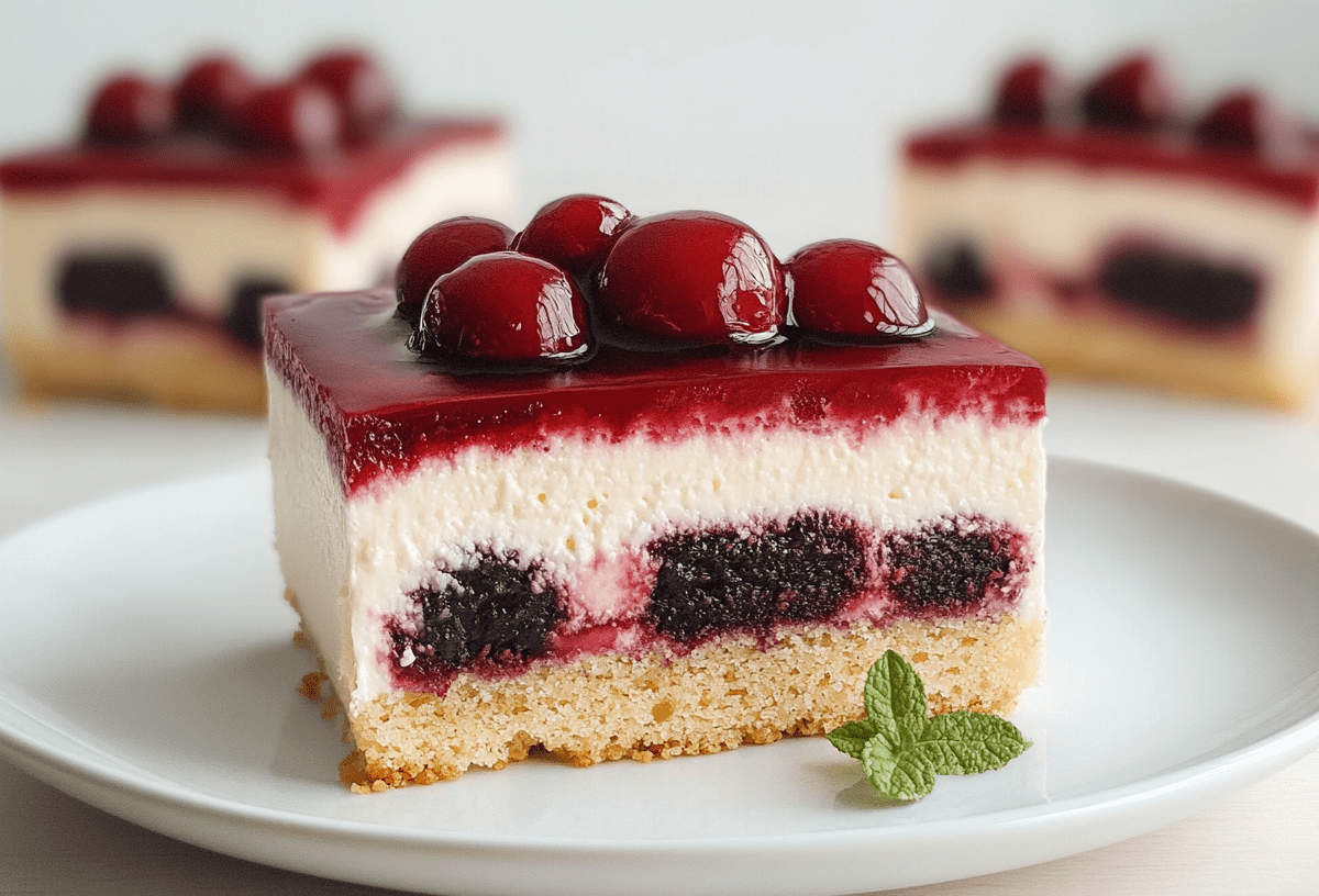 Ein Stück Rotkäppchenkuchen vom Blech steht im Vordergrund. Er ist mit einem Minzblatt dekoriert. Im Hintergrund stehen zwei weitere Stücke Rotkäppchenkuchen vom Blech.