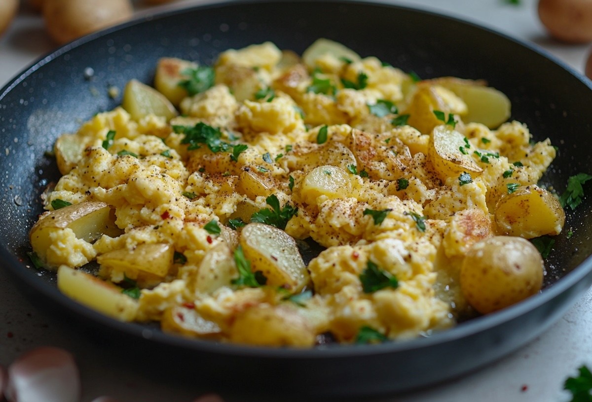 Rührei-Kartoffeln mit Käse in einer Pfanne, bestreut mit Petersilie, Nahaufnahme.