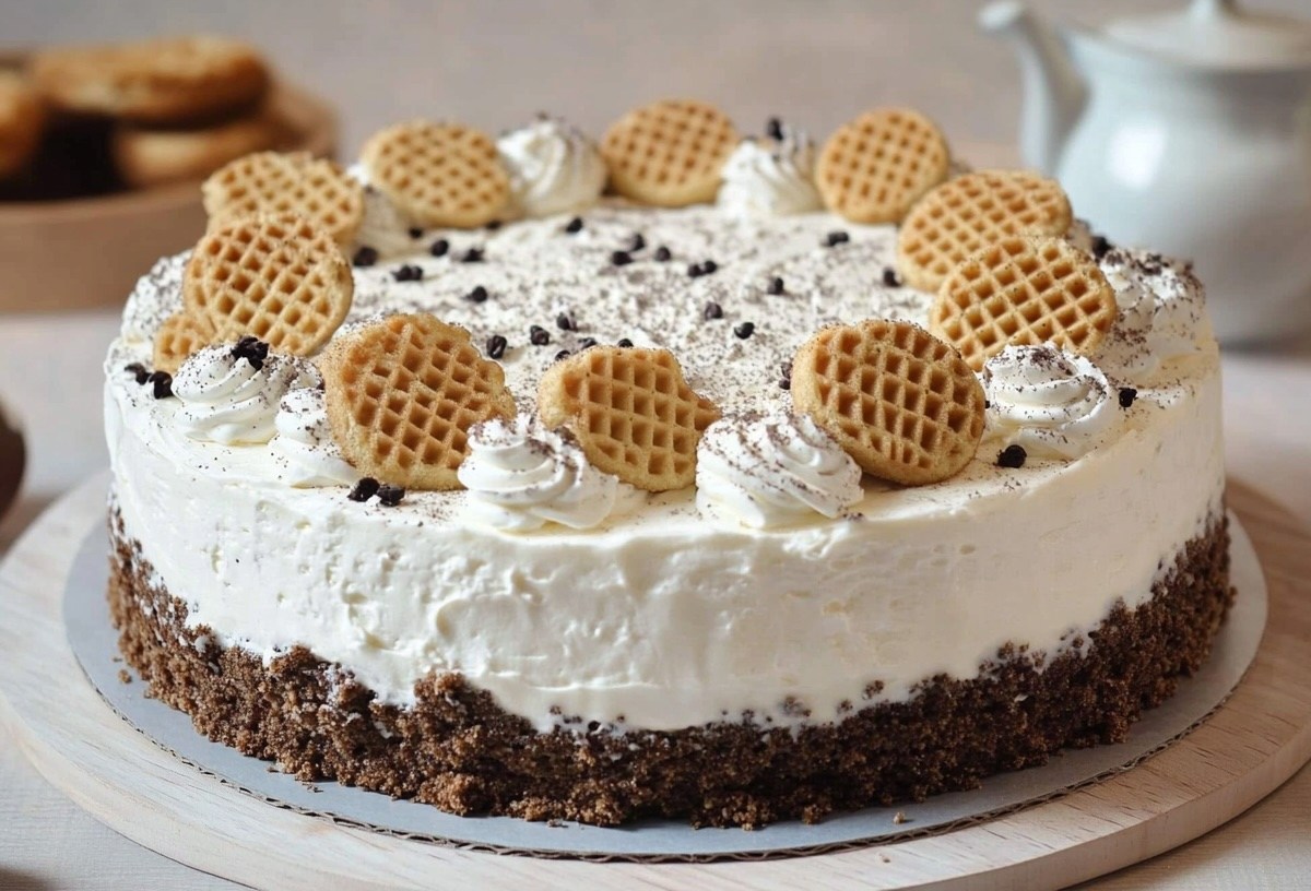 a cake with stracciatella cream, garnished with small round Dutch waffles. around the cake are a few baking items. frontal view, light background, zoom out, https://s.mj.run/TUrV1M6rOQ0