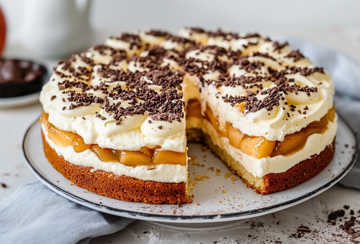 Eine angeschnittene schwedische Apfeltorte auf einem runden Teller, daneben eine Stoffserviette und gehackte Schokolade.