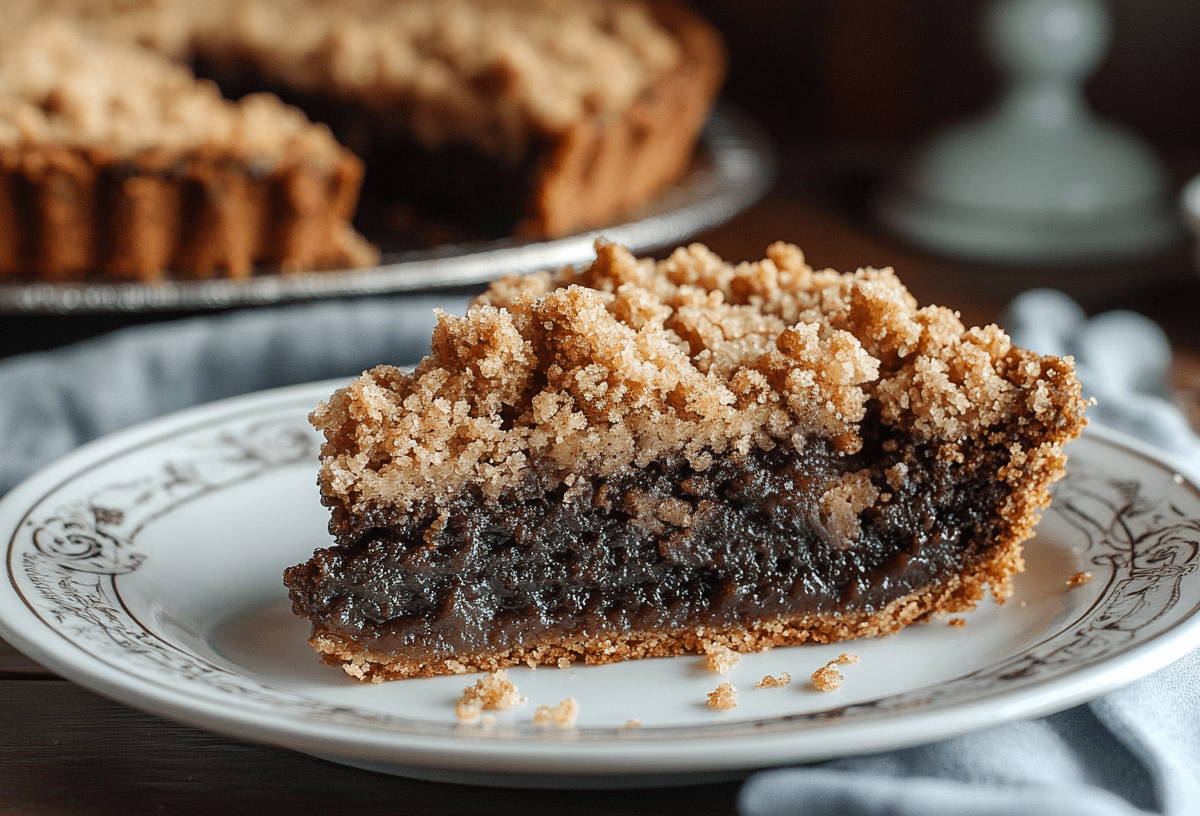 Ein Stück Shoofly Pie auf einem gemusterten Teller.