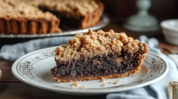 Ein Stück Shoofly Pie auf einem gemusterten Teller.