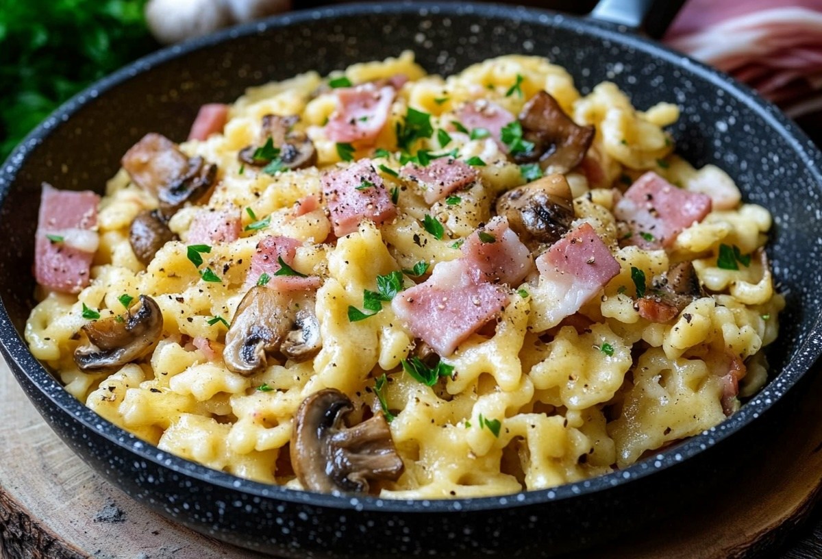 Spätzlepfanne mit Schinken und Pilzen, Nahaufnahme.