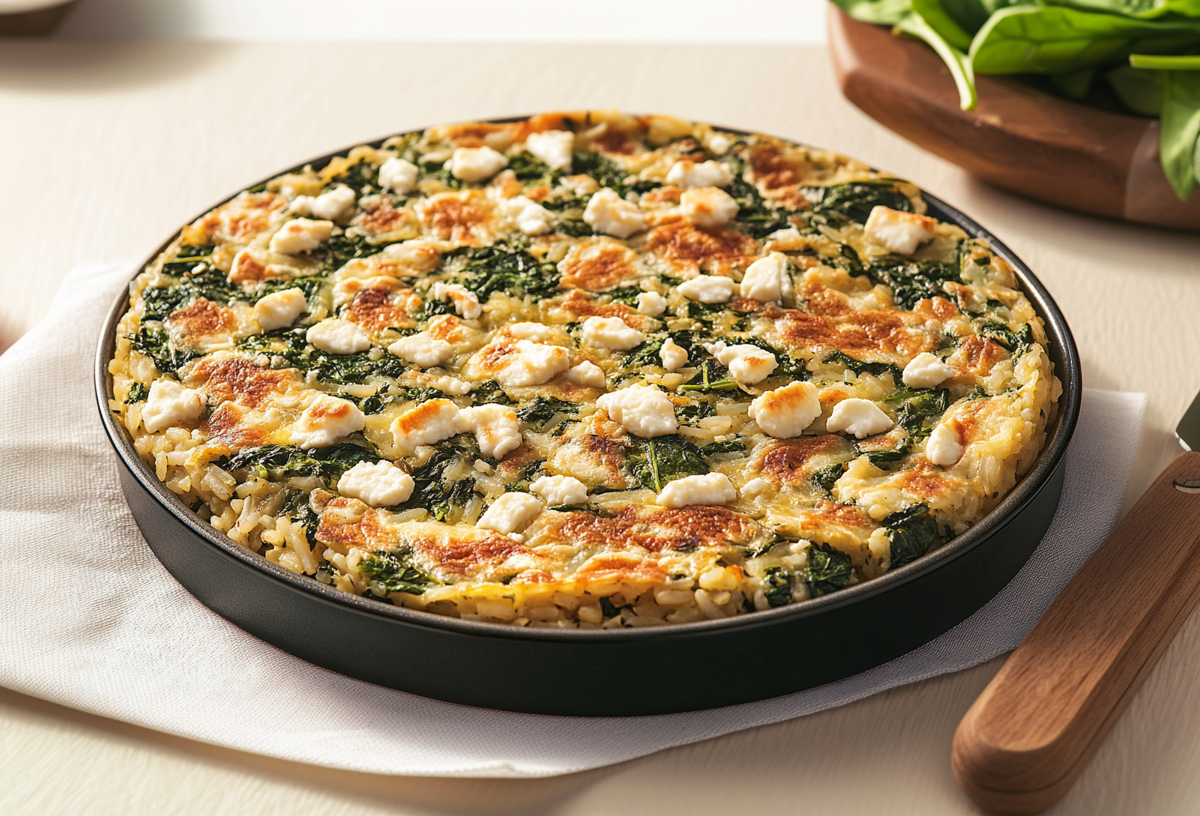 Eine Spinat-Reis-Tortilla in einer Tarteform auf einem neutralen Tisch. Links neben ihr liegen zwei Tomaten, im Hintergrund liegt noch etwas frischer Spinat. Rechts neben der Tarte liegt ein Messer.