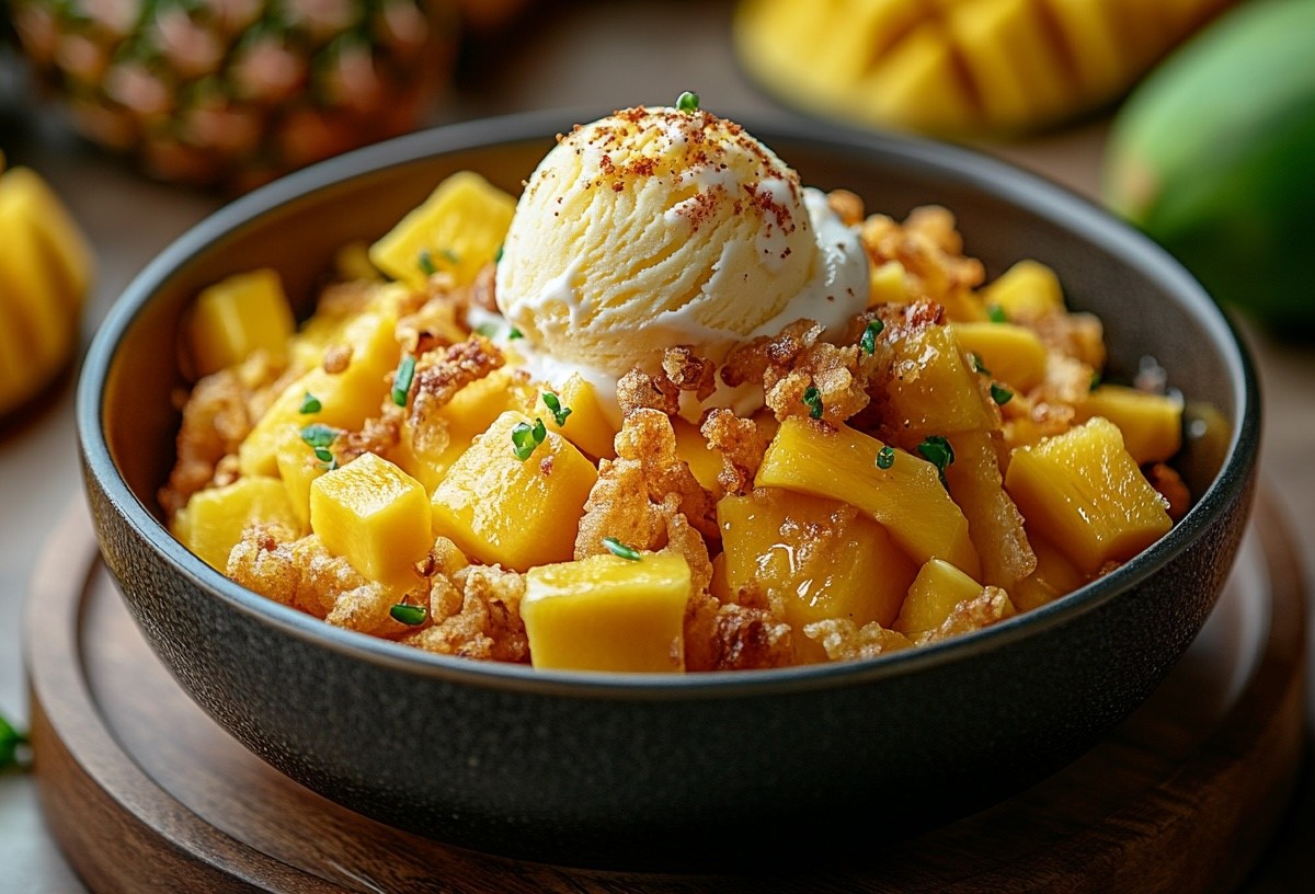 Eine Schale süßes Mango-Ananas-Curry mit einer Kugel Vanilleeis und Kekskrümeln garniert.