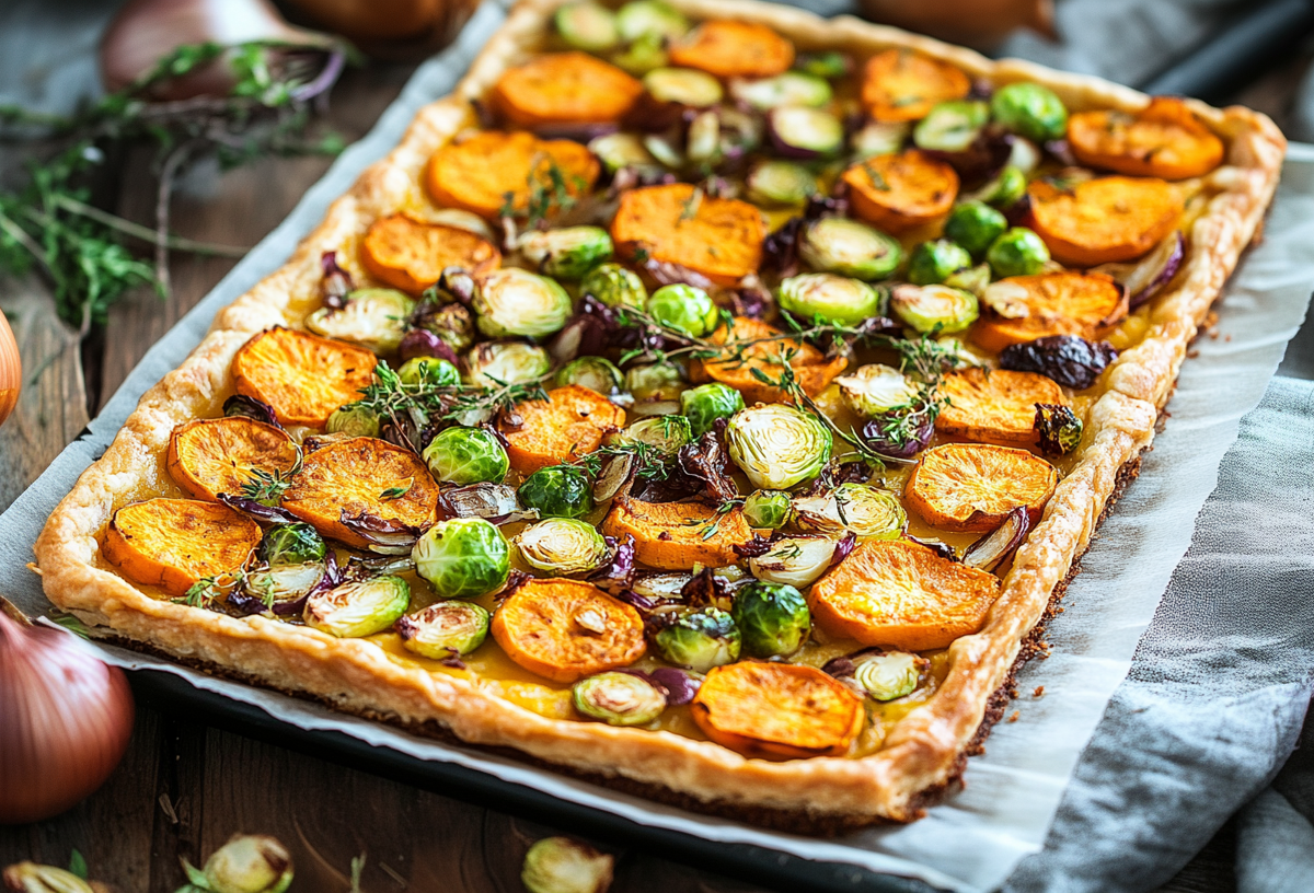 Eine Süßkartoffel-Blätterteig-Tarte liegt fertig gebacken auf einem Stück Backpapier