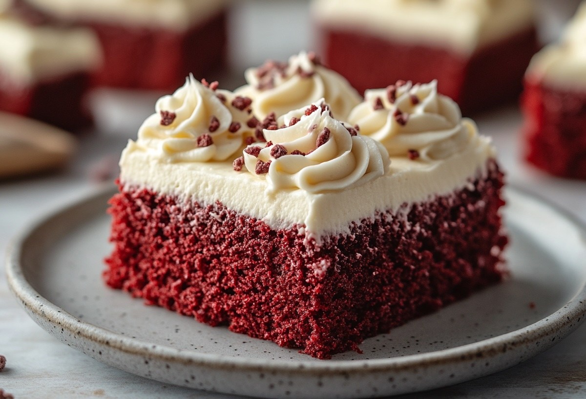 Ein Stück Teufelskuchen vom Blech mit Buttercreme verziert auf einem Teller. Dahinter unscharf weitere Stücke.