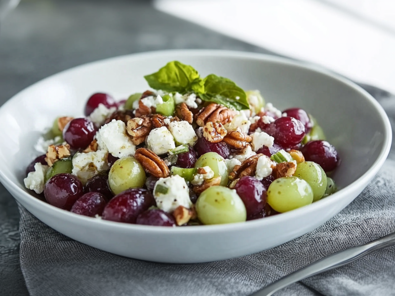 Ein Teller mit einer Portion Trauben-Feta-Salat mit Pekannüssen garniert mit ein paar Blättern frischem Basilikum. Der Teller steht auf einem grauen Küchenhandtuch, das auf einer grauen Oberfläche steht. Auf dem Tuch liegt auch noch ein Besteck. Im Hintergrund kann man noch ein Glasgefäß mit Traubensaft oder Wein zu sehen.
