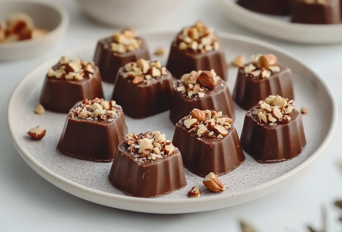 Zehn vegane Haselnuss-Nougat Pralinen liegen auf einem weißen Teller. Sie sind mit gehackten Haselnüssen bestreut. Links neben dem Teller liegen noch zwei Haselnüsse. Links im Hintergrund liegen weitere gehackte Nüsse, rechts im Hintergrund sieht man weitere vegane Haselnuss-Nougat Pralinen auf einem Teller.