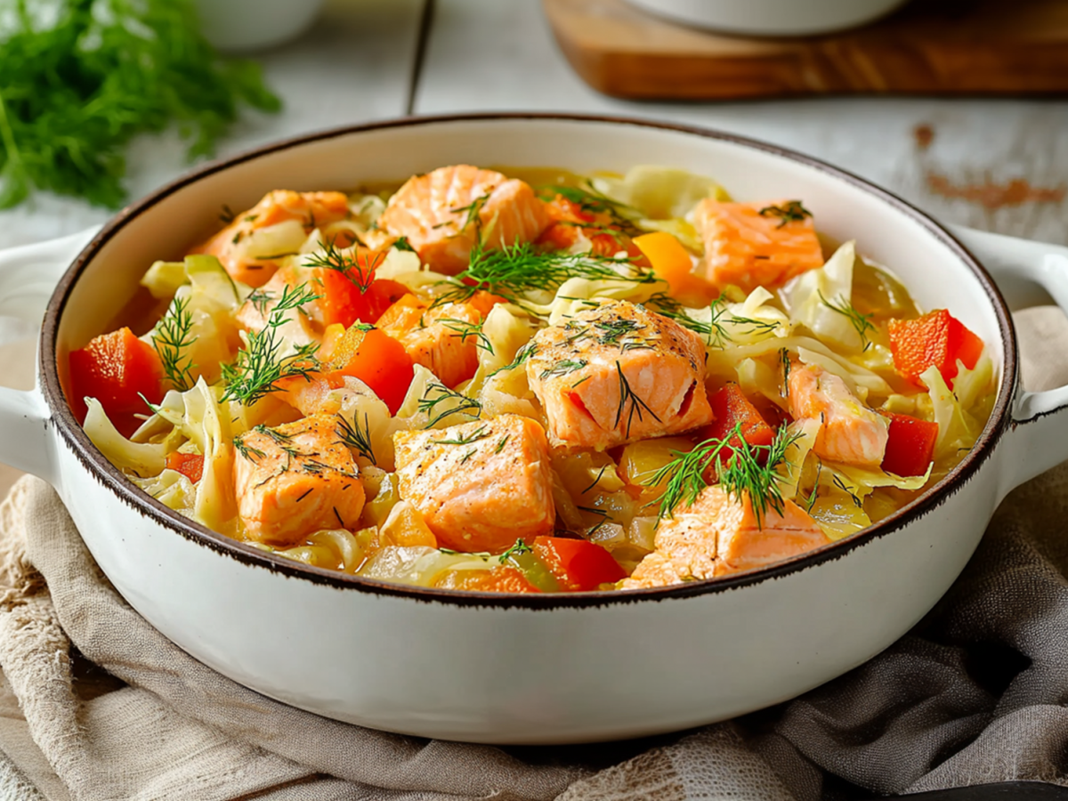 Eine große Portion Weißkohl-Lachs-Eintopf garniert mit frischem Dill in einem großen weißen Topf- Der Topf steht auf einem beigen Küchentuch auf einem hellen Holzuntergrund. Im Hintergrund kann man angedeutet ein Holzbrett sehen, auf dem Dinge stehen. Außerdem liegt im Hintergrund frischer Dill.