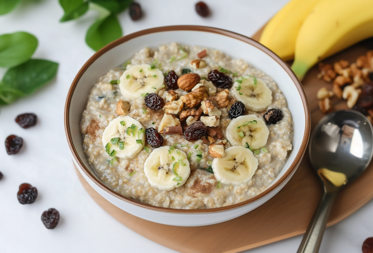 Eine Schüssel mit Zoats steht auf einem Holzbrett auf einem weißen Tisch. Recht daneben liegt ein Löffel, Nüsse, Rosinen und zwei Bananen. Links neben der Schüssel liegen weitere Rosinen und ein wenig frische Kräuter zu Dekoration.