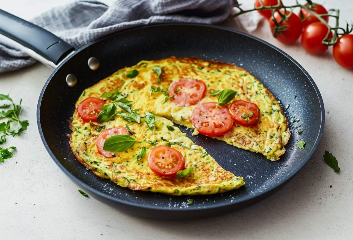 Eine angeschnittene Zucchinipizza in einer Pfanne. Links neben der Pfanne liegen einige Kräuter. Über der Pfanne ein Tuch und daneben weitere Tomaten.