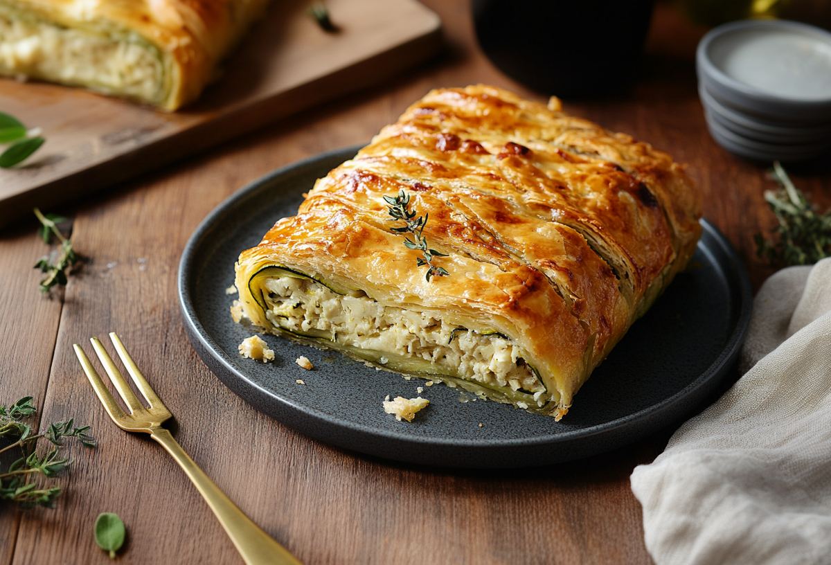 Zucchinistrudel mit Blätterteig liegt auf einem schwarzen Teller. Auf ihm liegt ein Stück frischer Rosmarin. Links neben dem Teller liegt eine goldene Gabel und weiterer Rosmarin. Hinten link liegt ein weiteres Stück Zucchinistrudel auf einem Holzbrett. Recht im Hintergrund steht eine kleine Schale. Rechts neben dem Teller liegt ein weißes Tuch.