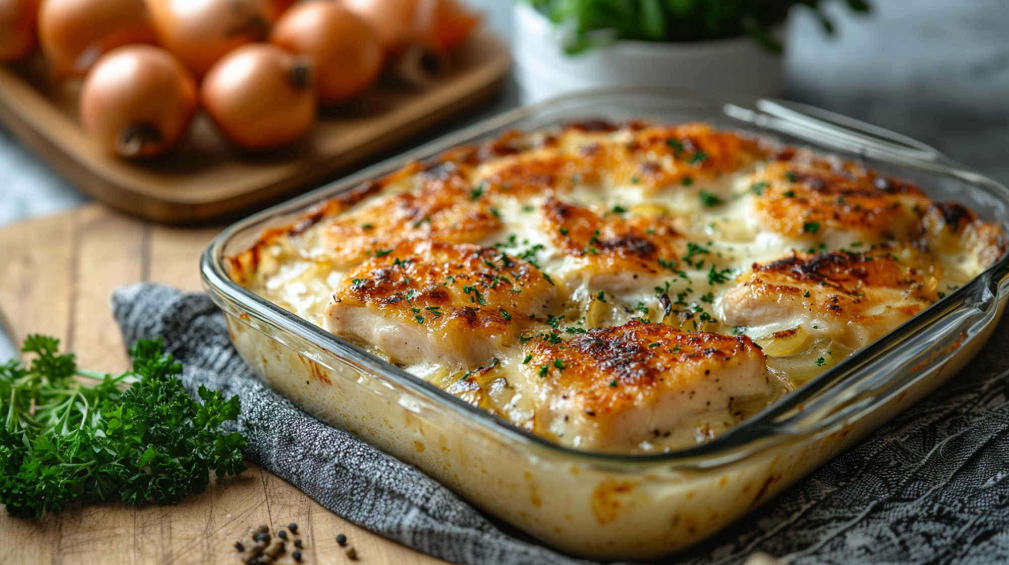 Zwiebel-Sahne-Hähnchen aus dem Ofen: Wohlfühlessen - Leckerschmecker