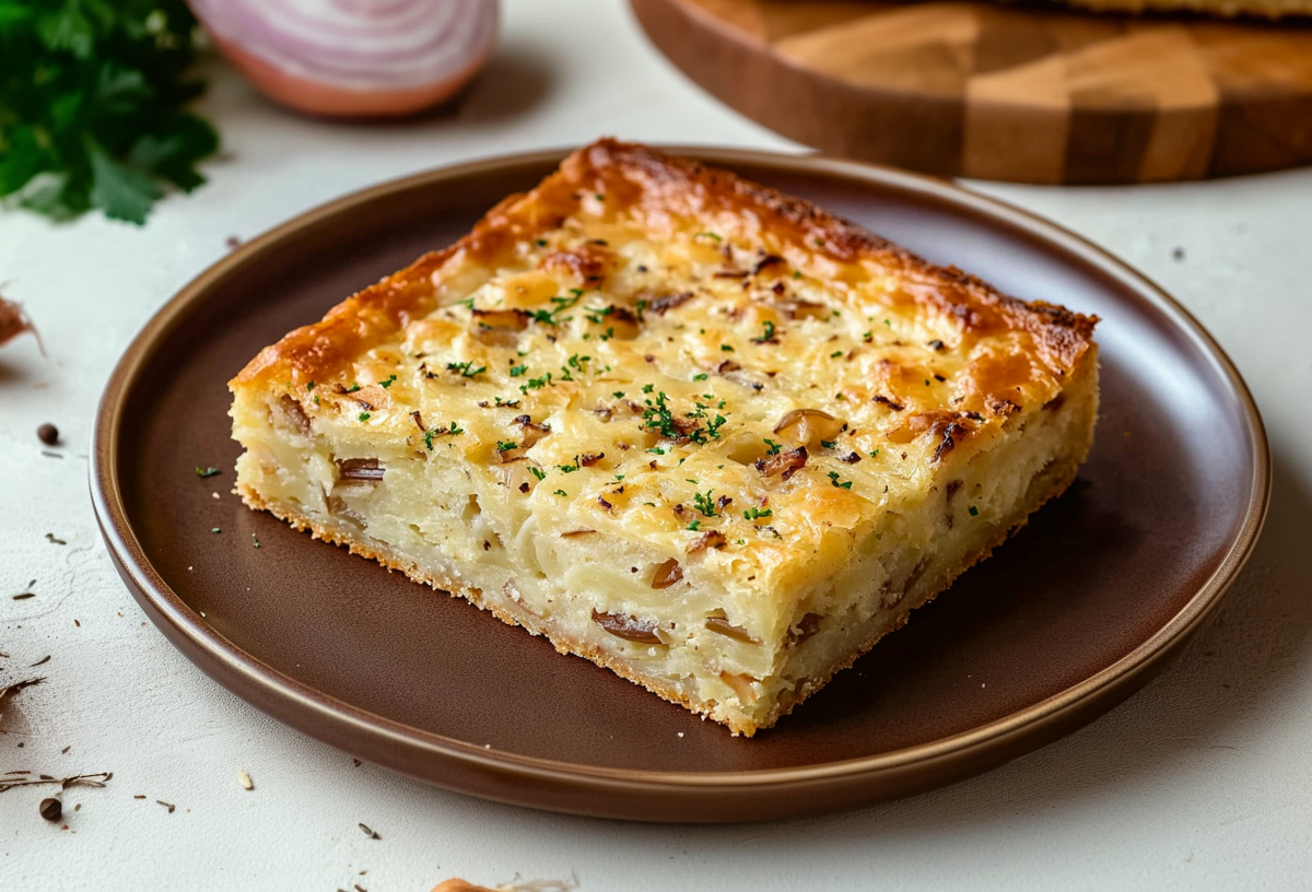 Ein Eckstück von einem Zwiebelkuchen vom Blech liegt auf einem braunen Teller. Links neben dem eller liegen zwei Zwiebeln. Im Hintergrund links liegt ein Bund Petersilie sowie eine halbierte Zwiebel. Rechts daneben sieht man den Anfang eines Schneidebretts mit einem weiteren Stück Zwiebelkuchen darauf.