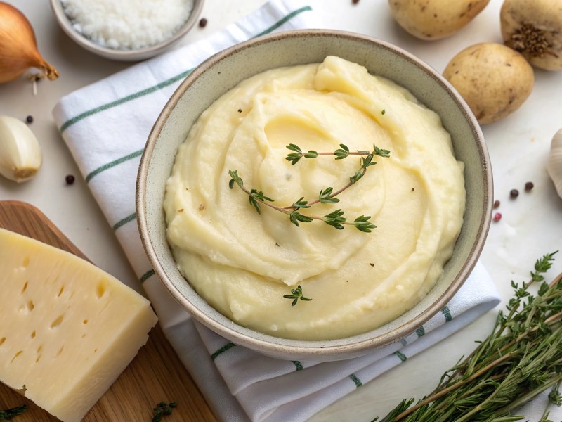 Schale mit dem französischem Kartoffelpüree Aligot, Zutaten daneben
