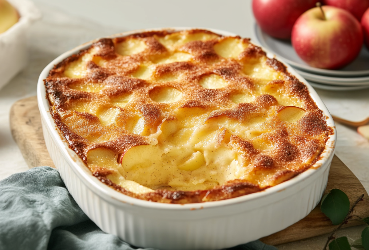 Apfel-Quark-Auflauf auf einem Holzbrett. Darunter liegt ein graues Tuch. Im Hintergrund stehen eine Schale sowie einige Teller mit weiteren Äpfel darauf.