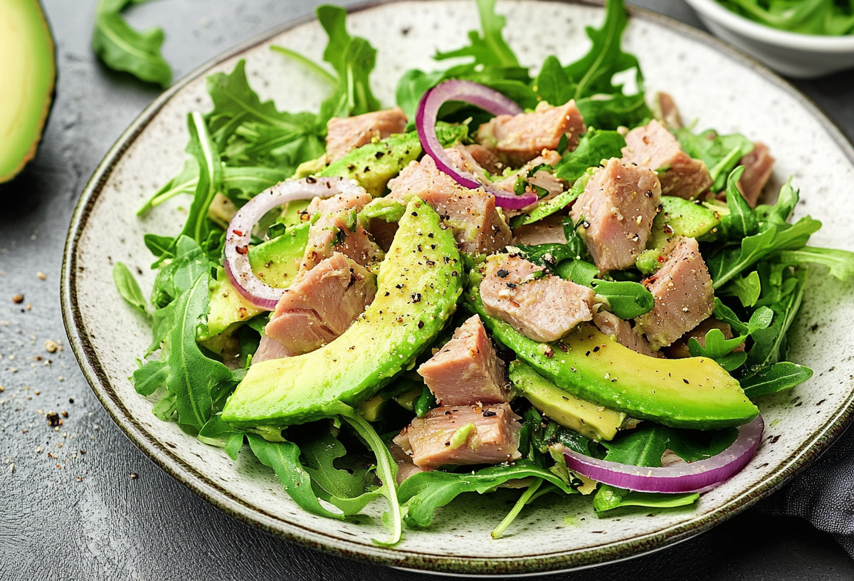 Avocado-Thunfisch-Salat auf einem hellen Teller, garniert mit schwarzem Pfeffer.