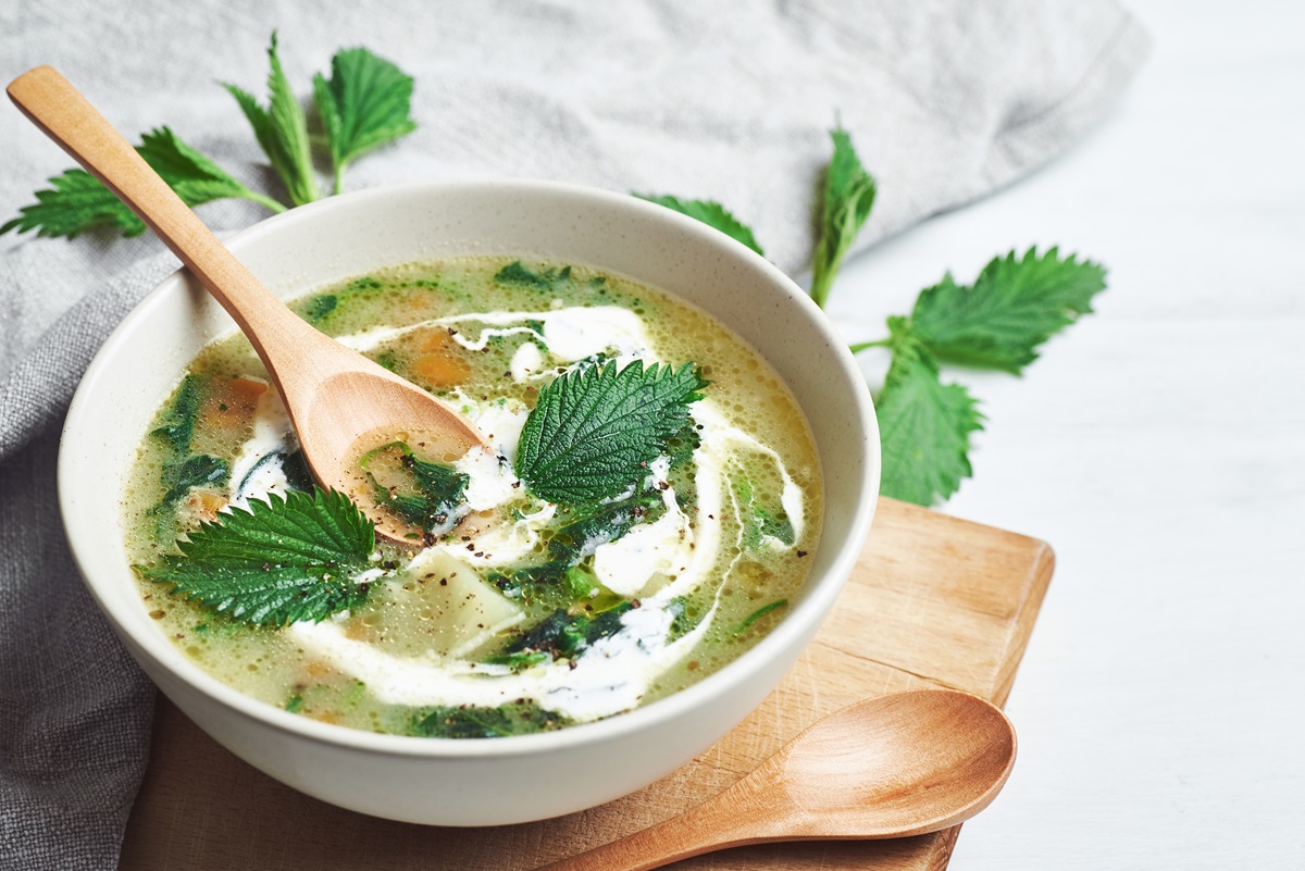 Bärlauch-Brennnessel-Suppe in einer Schüssel, garniert mit Sahne und Brennnessel-Blättern.