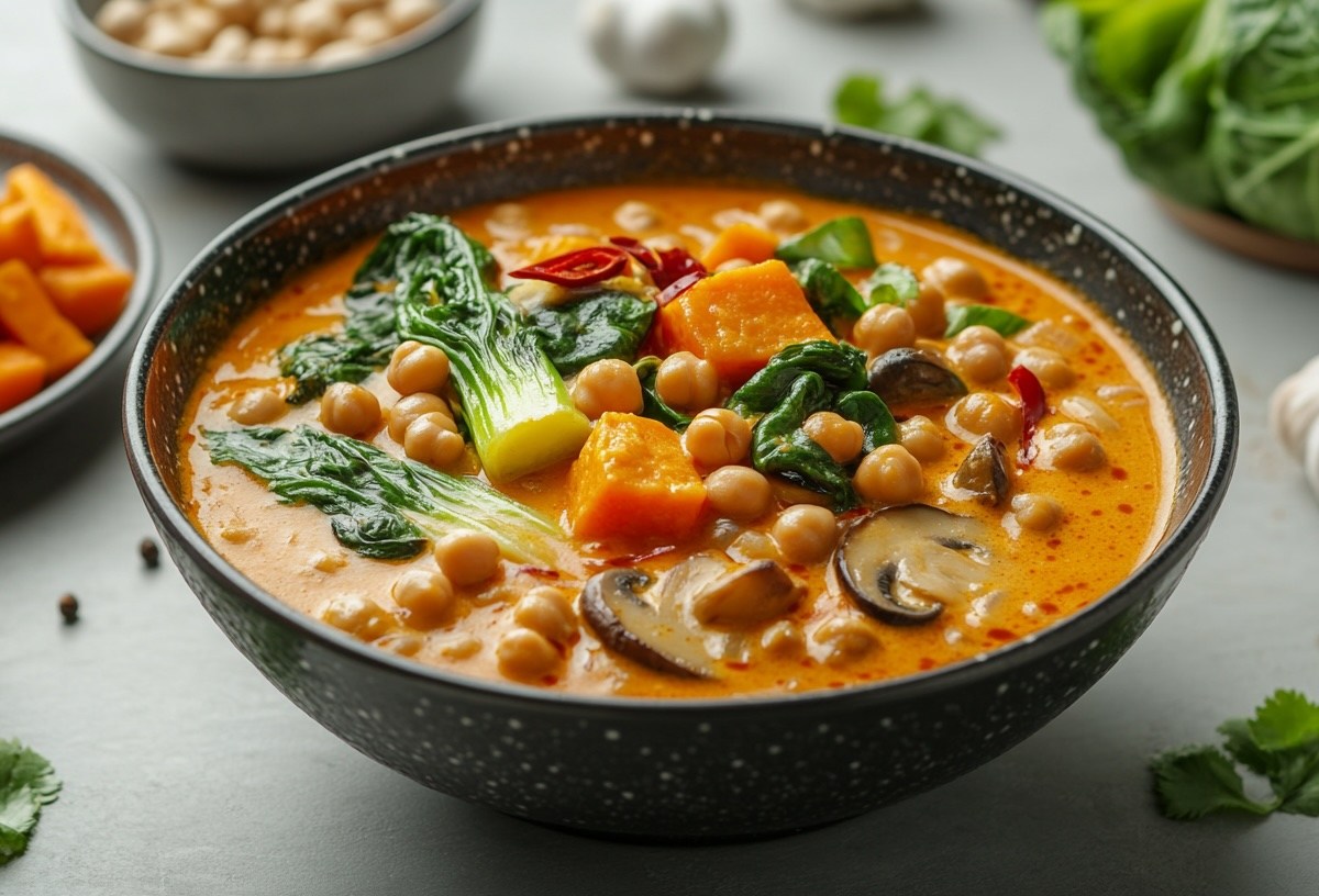 Eine Schüssel Bärlauch-Curry, drumherum einige Zutaten.