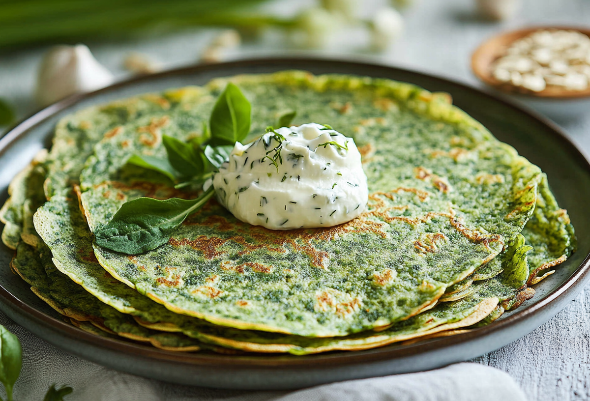 Bärlauch-Haferflocken-Pfannkuchen mit etwas Joghurt-Dip auf einem dunklen Teller.