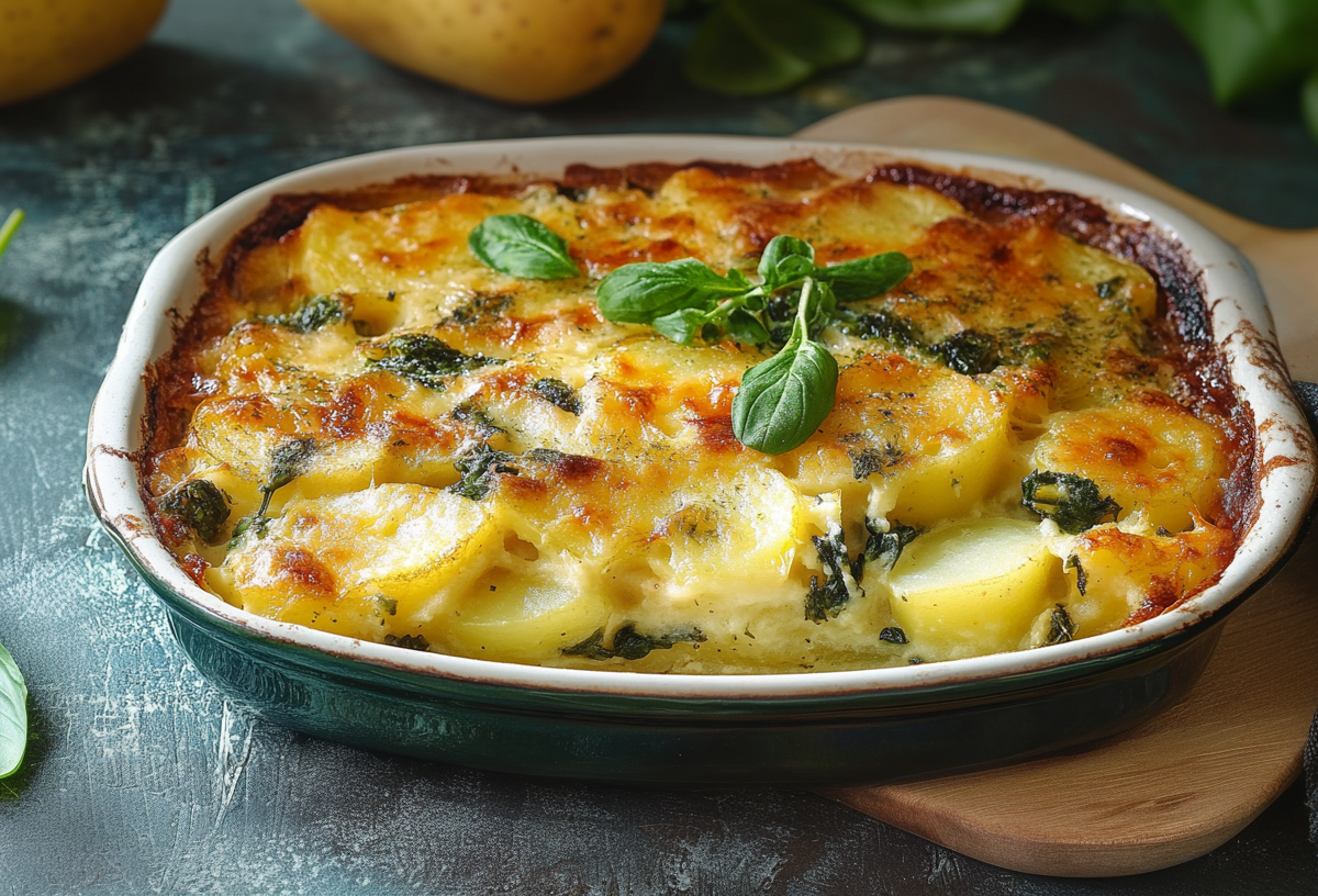 Bärlauch-Kartoffelgratin in einer Auflaufform auf einem Holzbrett auf einem dunklen Untergrund. Daneben liegen noch einige frische Bärlauchblätter. Im Hintergrund sieht man zwei Kartoffeln.