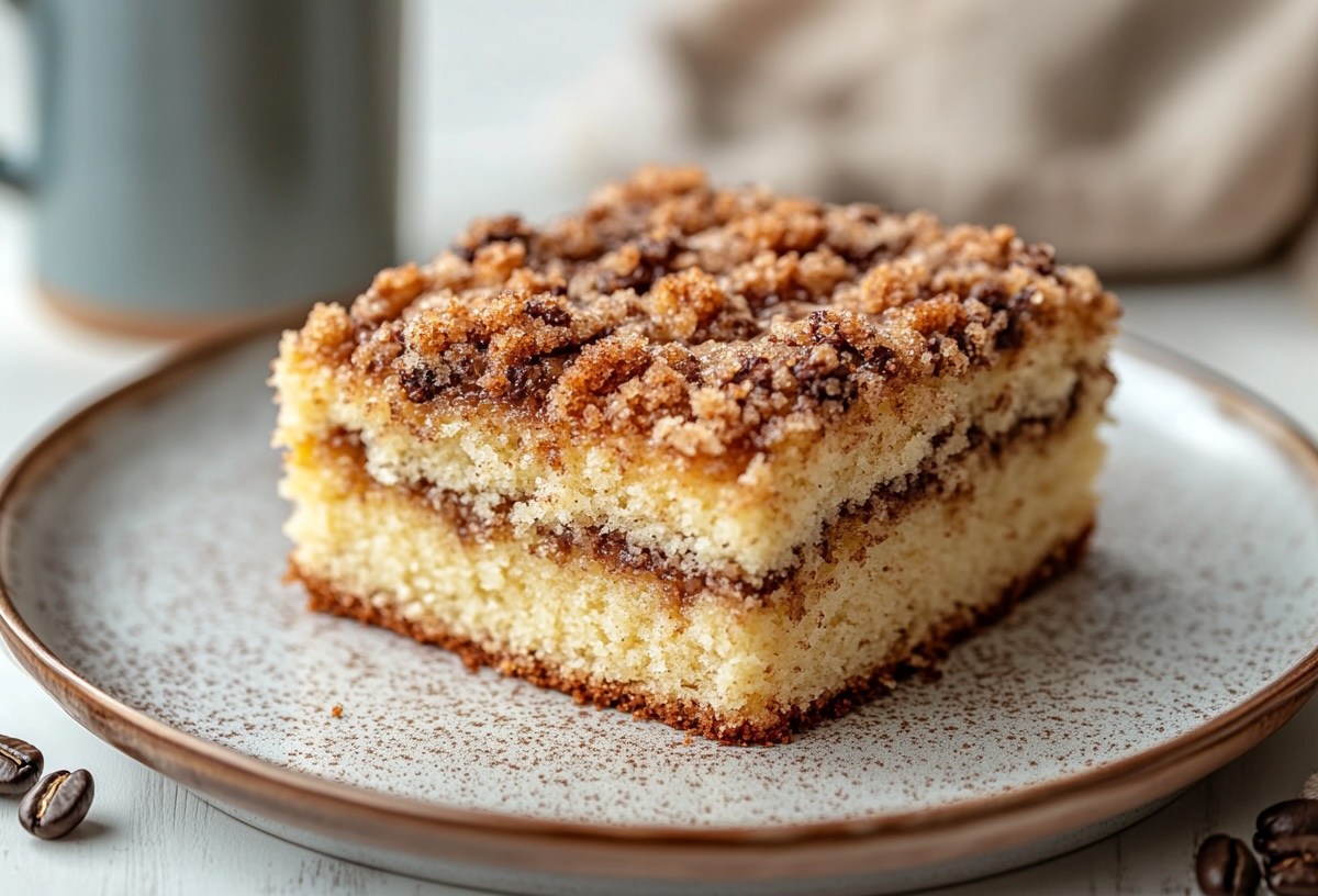 Ein Stück Bananen-Joghurt-Kuchen auf einem Teller, daneben ein paar Kaffeebohnen und eine Tasse Kaffee.