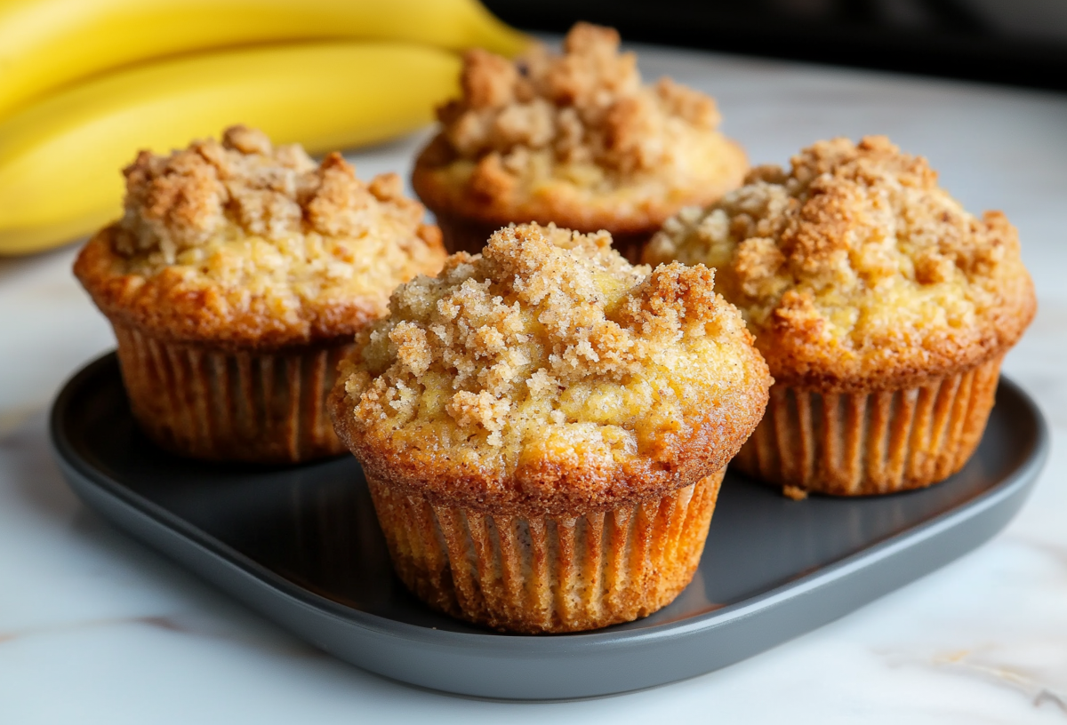 Vier Bananen-Streusel-Muffins stehen auf einem grauen Teller. Im Hintergrund liegen drei Bananen.