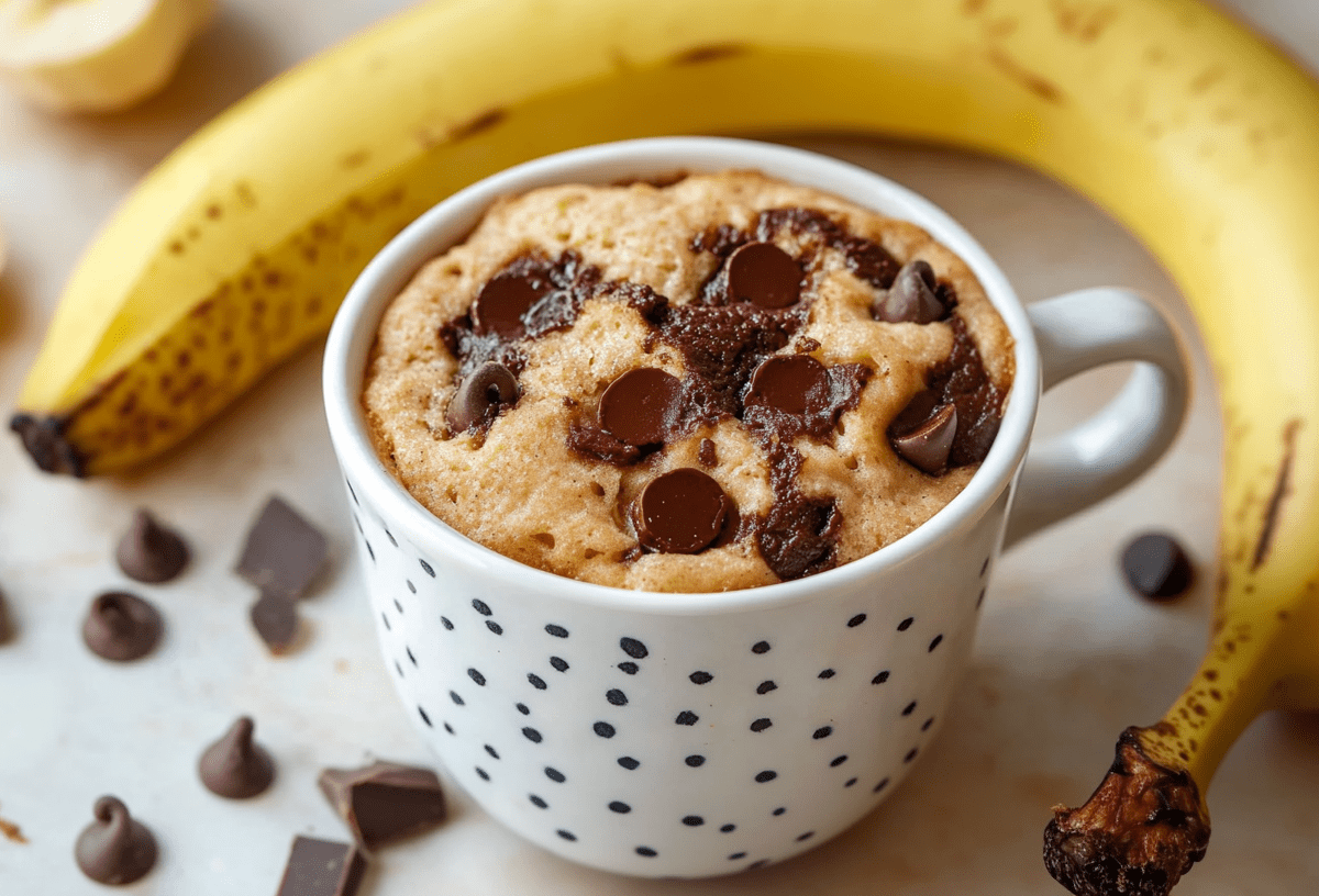 Ein Bananen-Tassenkuchen steht auf einem hellen Untergrund. Um die Tasse verteilt liegen Schokoladenstücke und eine Banane.