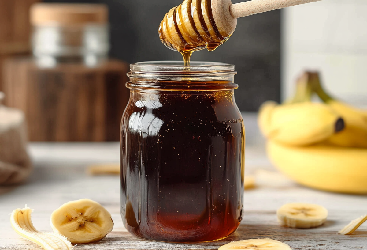 Bananenschalen-Sirup in einem Glas. Drum herum liegen Bananenstücke und -schalen.