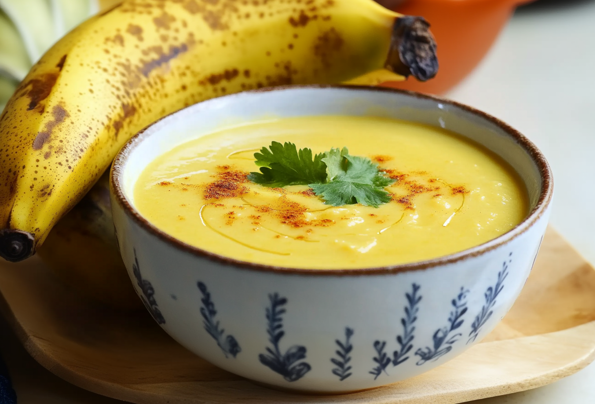 Eine Schüssel mit Bananensuppe steht auf einem kleinen Holzbrett. Dahinter liegt noch eine weitere Banane.