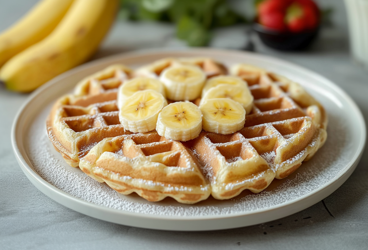 Eine Bananenwaffel ohne Zucker liegt auf einem Teller. Sie ist mit ein paar Bananenscheiben sowie etwas Puderzucker serviert. Im Hintergerund liegen weitere Bananen sowie einige Erdbeeren.