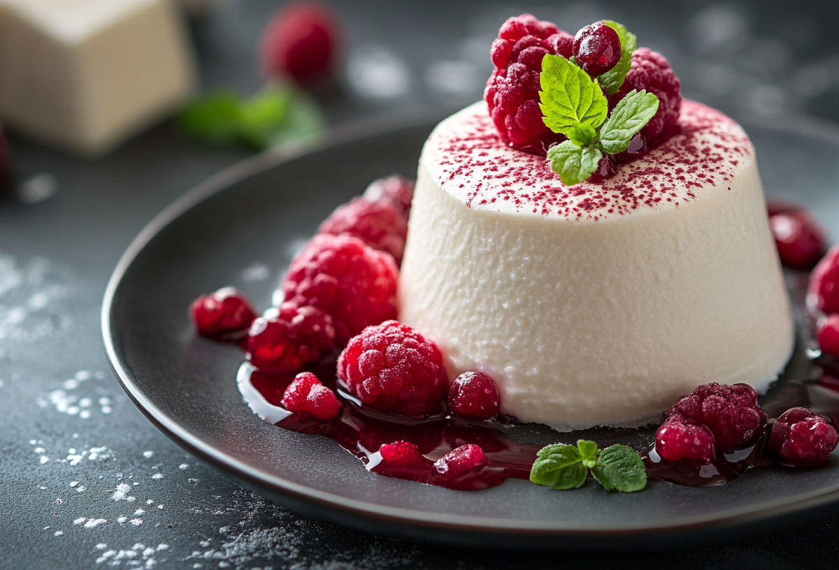 Bayerische Creme auf einem schwarzen Teller, bestreue mit Fruchtpulver und serviert mit frischen Beeren.